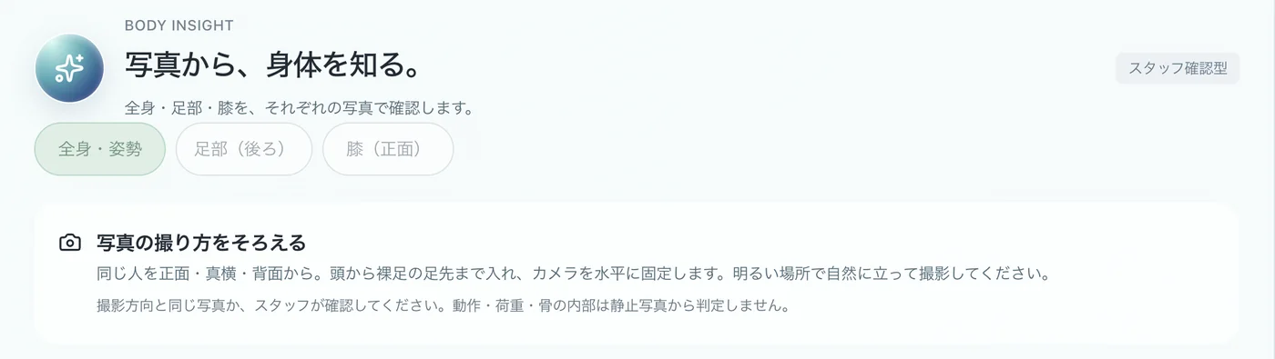 「写真から、身体を知る。」のAI観察の画面。全身・姿勢、足部(後ろ)、膝(正面)の切り替えと、写真の撮り方の案内が表示される(サンプル表示)