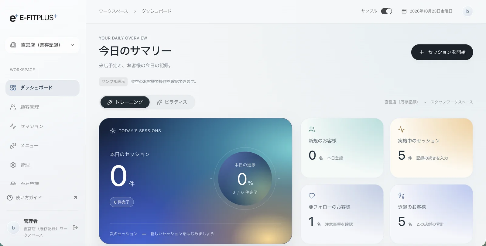E-FITPLUSのダッシュボード画面。「今日のサマリー」に本日のセッション、新規のお客様、実施中のセッションなどが並ぶ(サンプル表示)